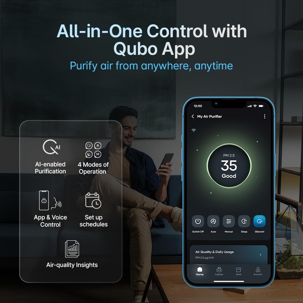 Qubo Smart Air Purifier Q500 for Home by Hero Group | 500 Sq Ft | 99.99% Allergen Removal | True HEPA13 | 9000 Hrs Filter Life | App & Voice Control