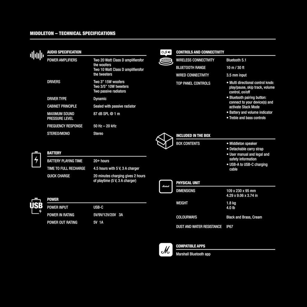 Marshall Middleton Portable Bluetooth Speaker with IP67 Rating, 20+ Hours playtime (Black And Brass)