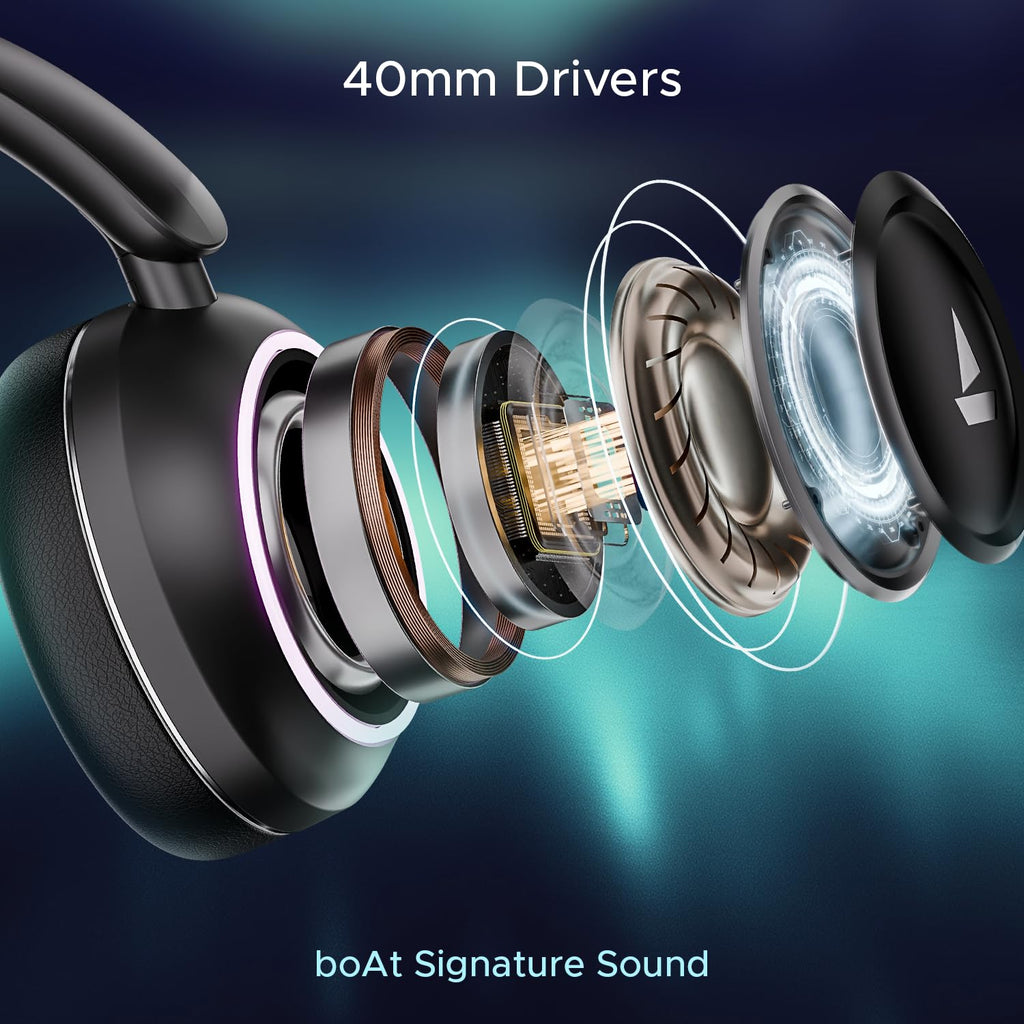 boAt Rockerz 480, RGB LEDs,6 Light Modes, 40mm Drivers,Beast Mode, 60H Battery, ENx Tech, Stream Ad Free Music via App Support, Bluetooth Headphones, Wireless Over Ear Headphone with Mic