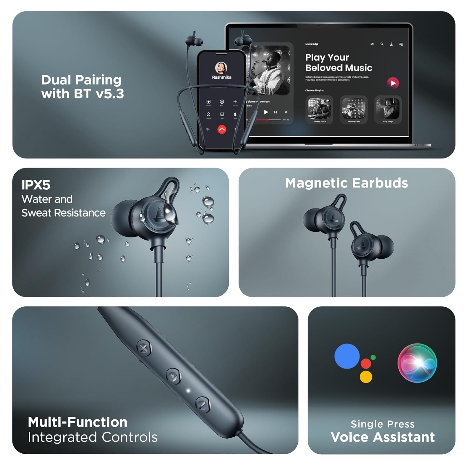 Boat Rockerz 200, 40H Battery, Signature Sound, ENx Tech, Dual Pairing, 60 ms Low Latency, IPX5, ASAP Charge, Magnetic Buds, Bluetooth Neckband, Wireless with Mic Earphones