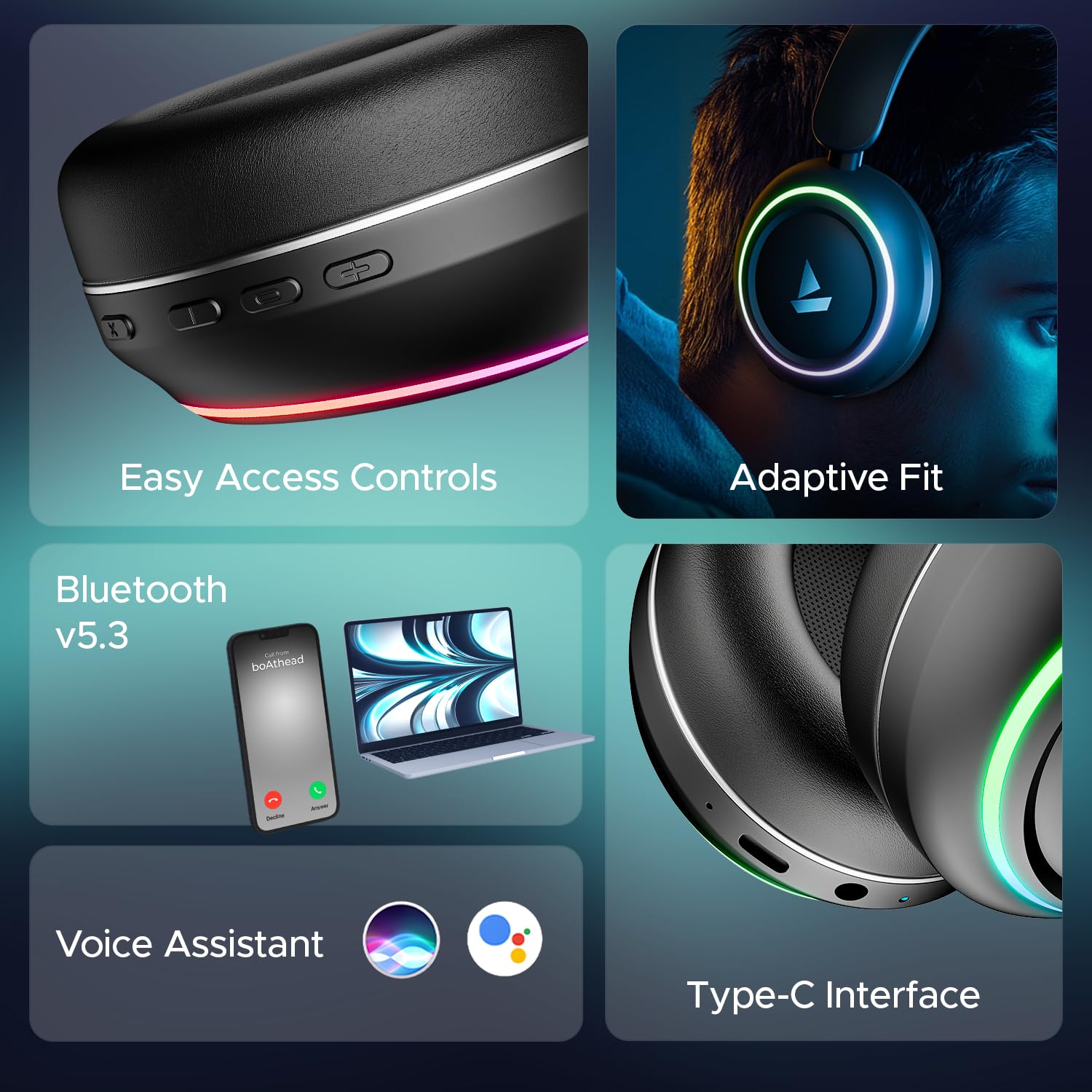 boAt Rockerz 480, RGB LEDs,6 Light Modes, 40mm Drivers,Beast Mode, 60H Battery, ENx Tech, Stream Ad Free Music via App Support, Bluetooth Headphones, Wireless Over Ear Headphone with Mic