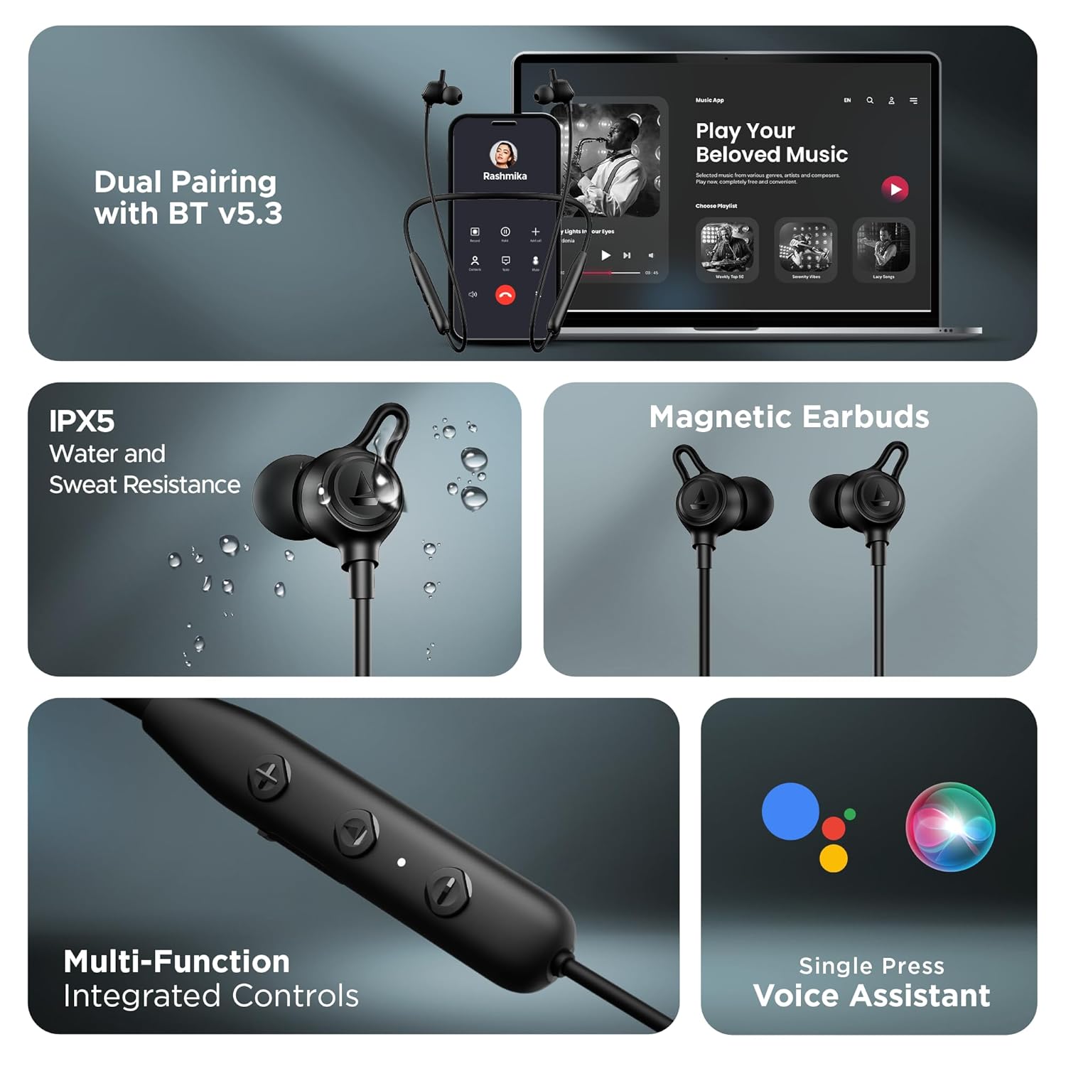 Boat Rockerz 200, 40H Battery, Signature Sound, ENx Tech, Dual Pairing, 60 ms Low Latency, IPX5, ASAP Charge, Magnetic Buds, Bluetooth Neckband, Wireless with Mic Earphones
