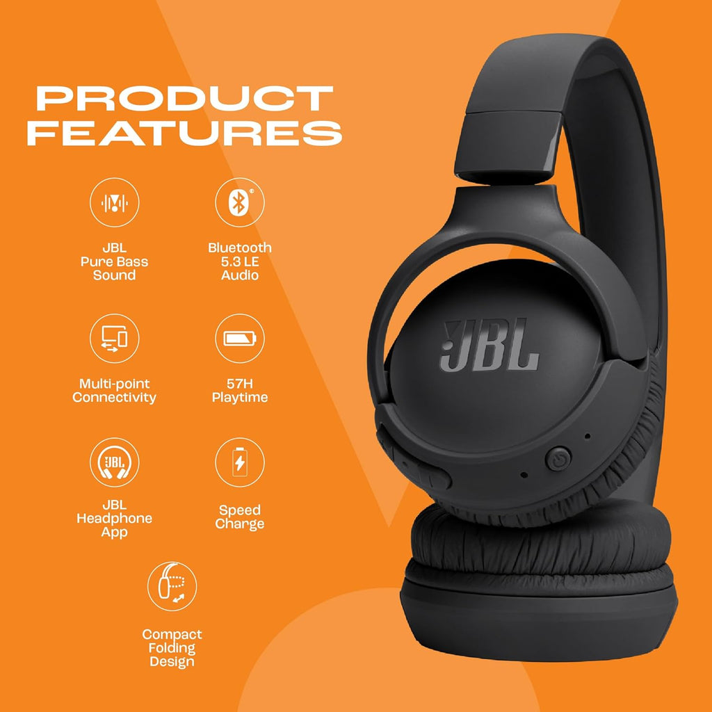 JBL Tune 520BT Wireless On Ear Headphones with Mic, Upto 57H Battery, Speed Charge : 5 Min Charge Gives Up to 3H of Playback, Multipoint Connect, Customizable Bass with Headphones App, BT 5.3