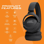 JBL Tune 520BT Wireless On Ear Headphones with Mic, Upto 57H Battery, Speed Charge : 5 Min Charge Gives Up to 3H of Playback, Multipoint Connect, Customizable Bass with Headphones App, BT 5.3