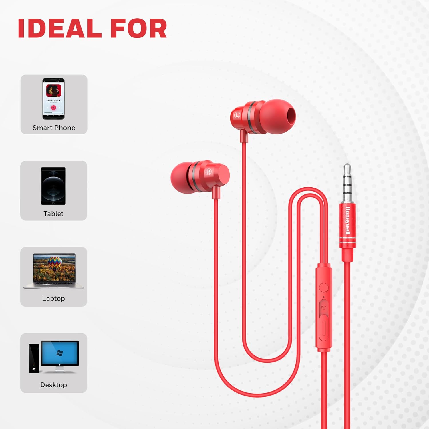 Honeywell Moxie V50 Wired Earphones with Built in Mic, 10mm*2 Drivers, Passive Noise Cancellation, Deep Bass & Clear Sound, Ultra HD Mic Quality, 3.5mm AUX, Voice Assistant Enabled, 1.2 Mtr