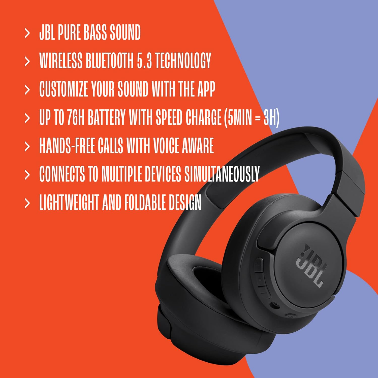 JBL Tune 720BT Wireless Over Ear Headphones with Mic, Pure Bass Sound, Upto 76 Hrs Playtime, Speedcharge, Dual Pairing, Customizable Bass with Headphones App, Lightweight, Bluetooth 5.3