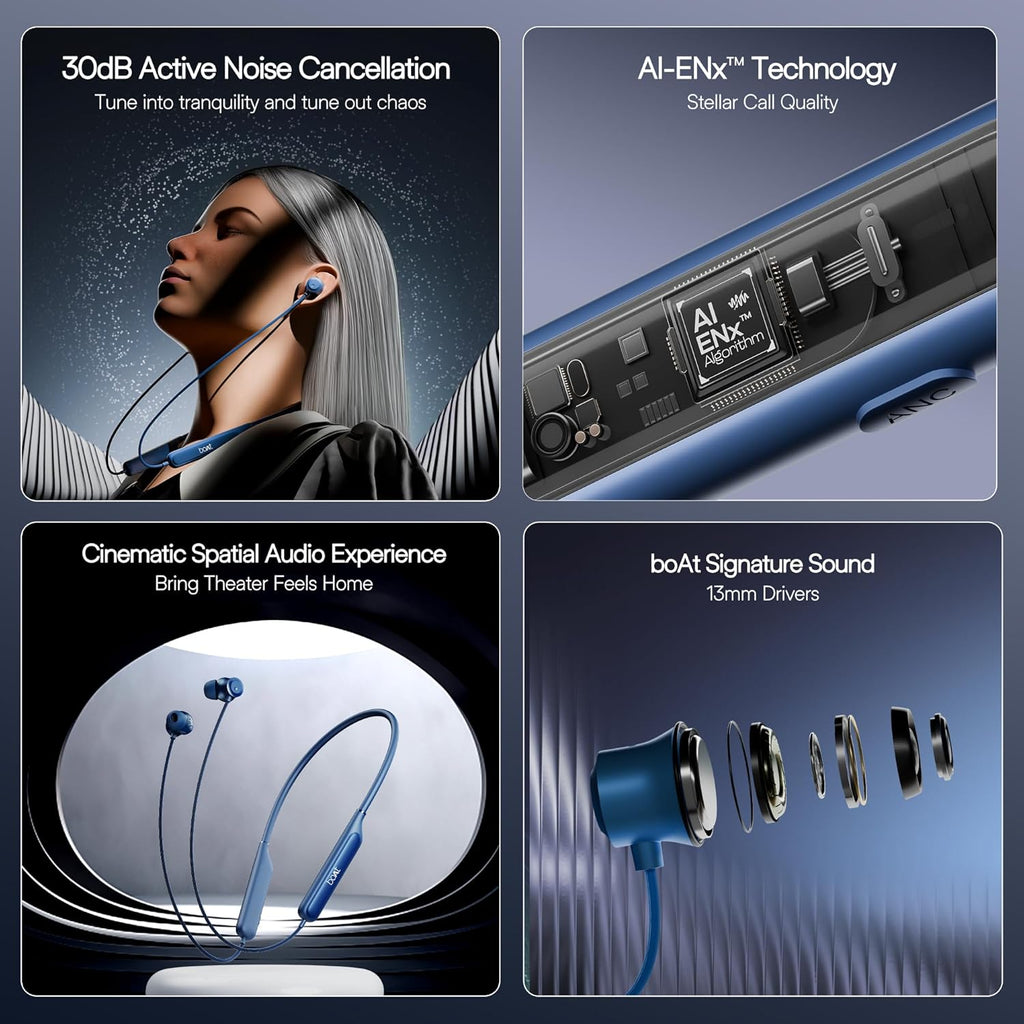 boAt Rockerz 210 ANC Bluetooth in Ear Neckband w/Spatial Audio, 30dB ANC, AI-ENx Technology, 40hrs Playback, EQ Modes, 13 mm Drivers, Dual Pairing & Fast Pair