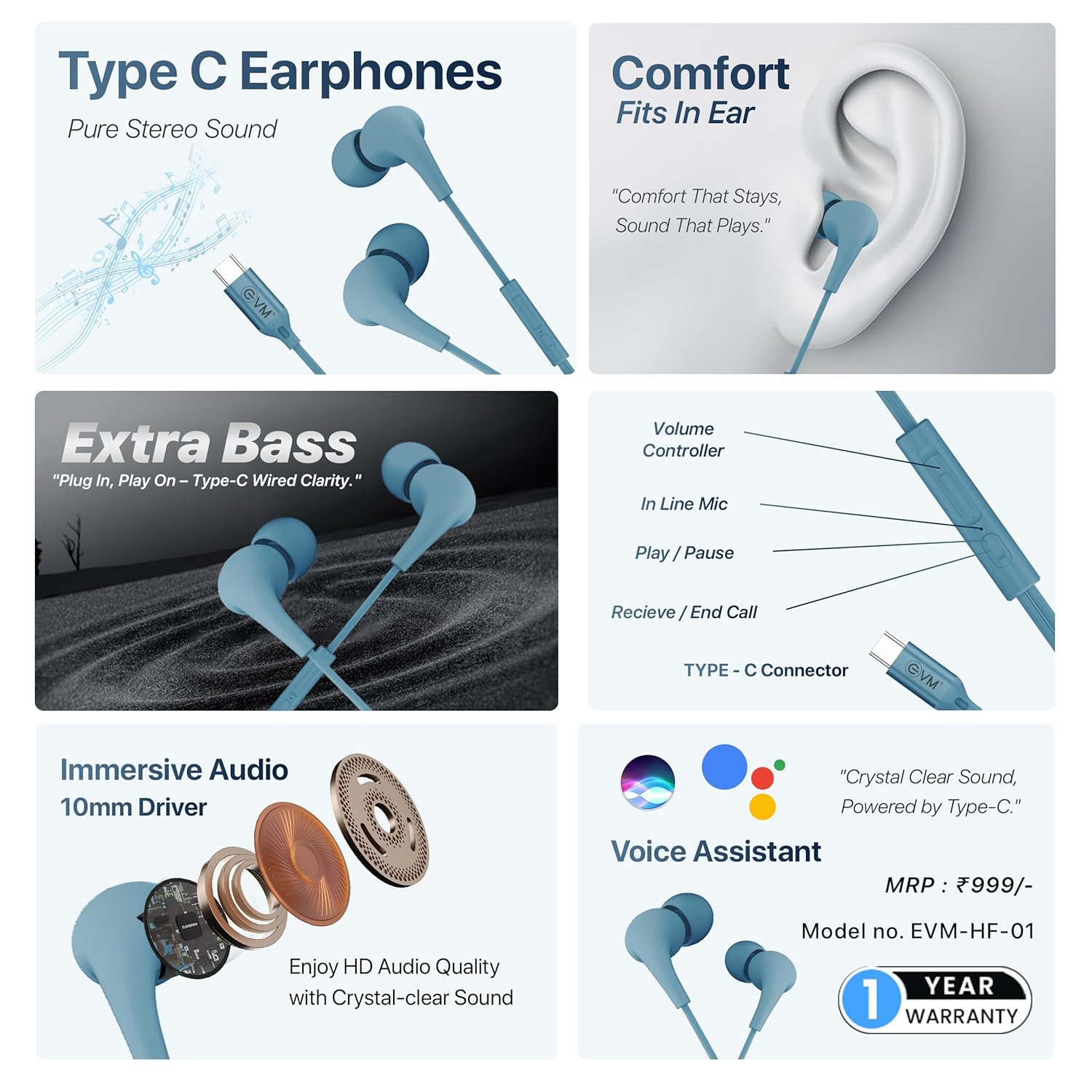 EVM Type-C Wired Earphone - Stereo Sound - Built-in Mic with Call & Music Control - Comfort Fit
